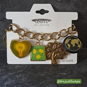 "Go Green" Themed Gold-Tone Charm Bracelet